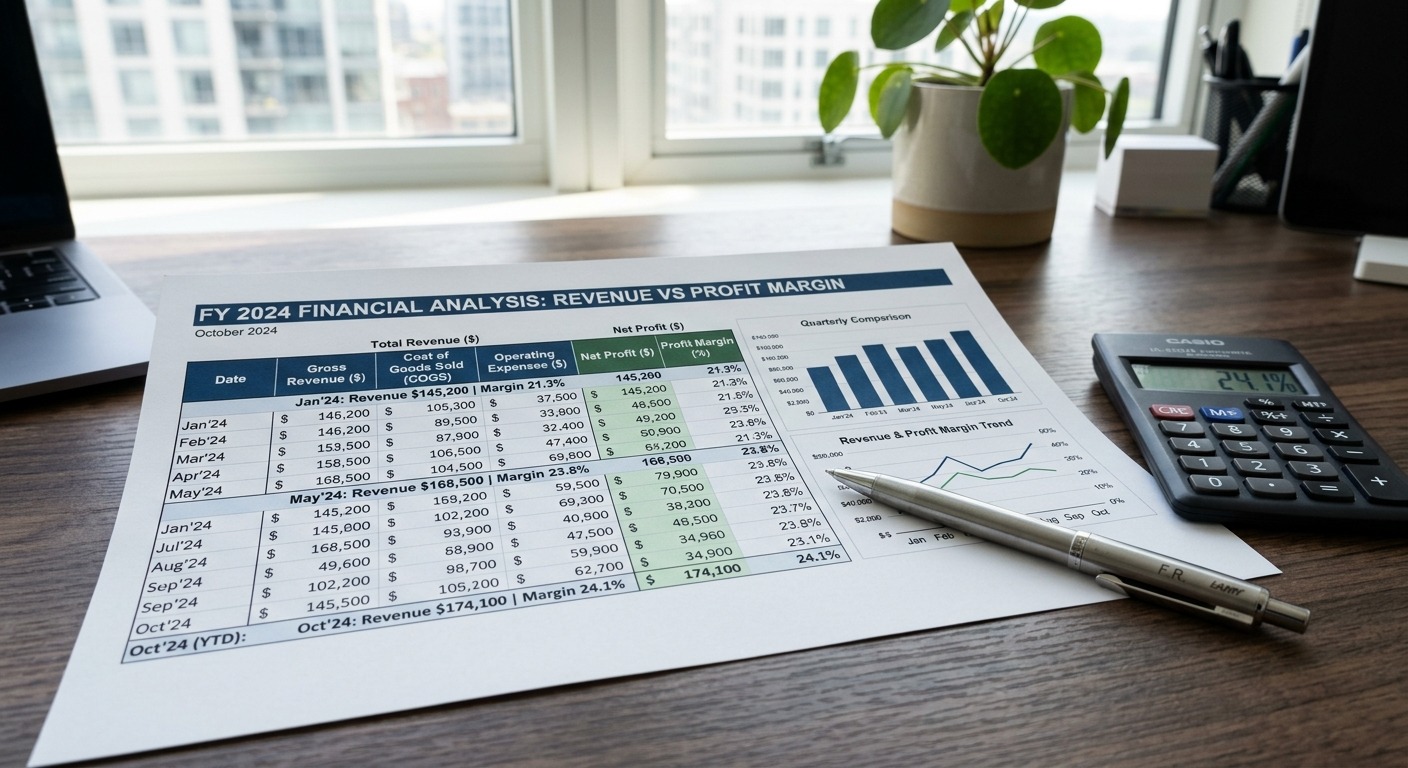 Planilha financeira detalhada mostrando comparação entre receita bruta e margem de lucro real