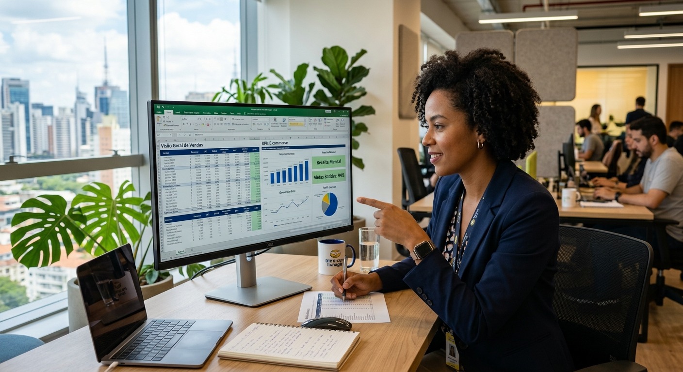 Gestor de e-commerce analisando planilhas financeiras com gráficos de KPIs no computador