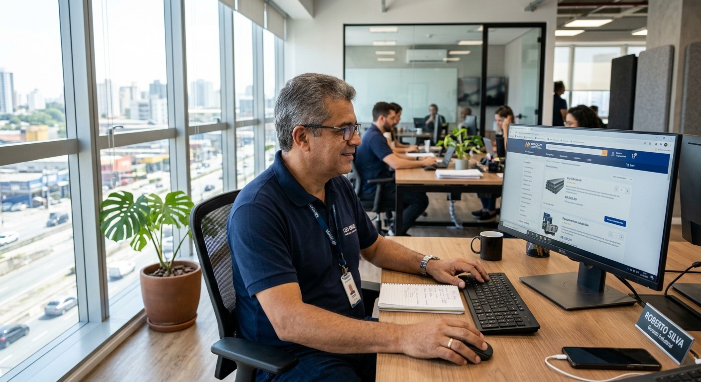 Gestor industrial brasileiro navegando em plataforma de e-commerce B2B em escritório moderno