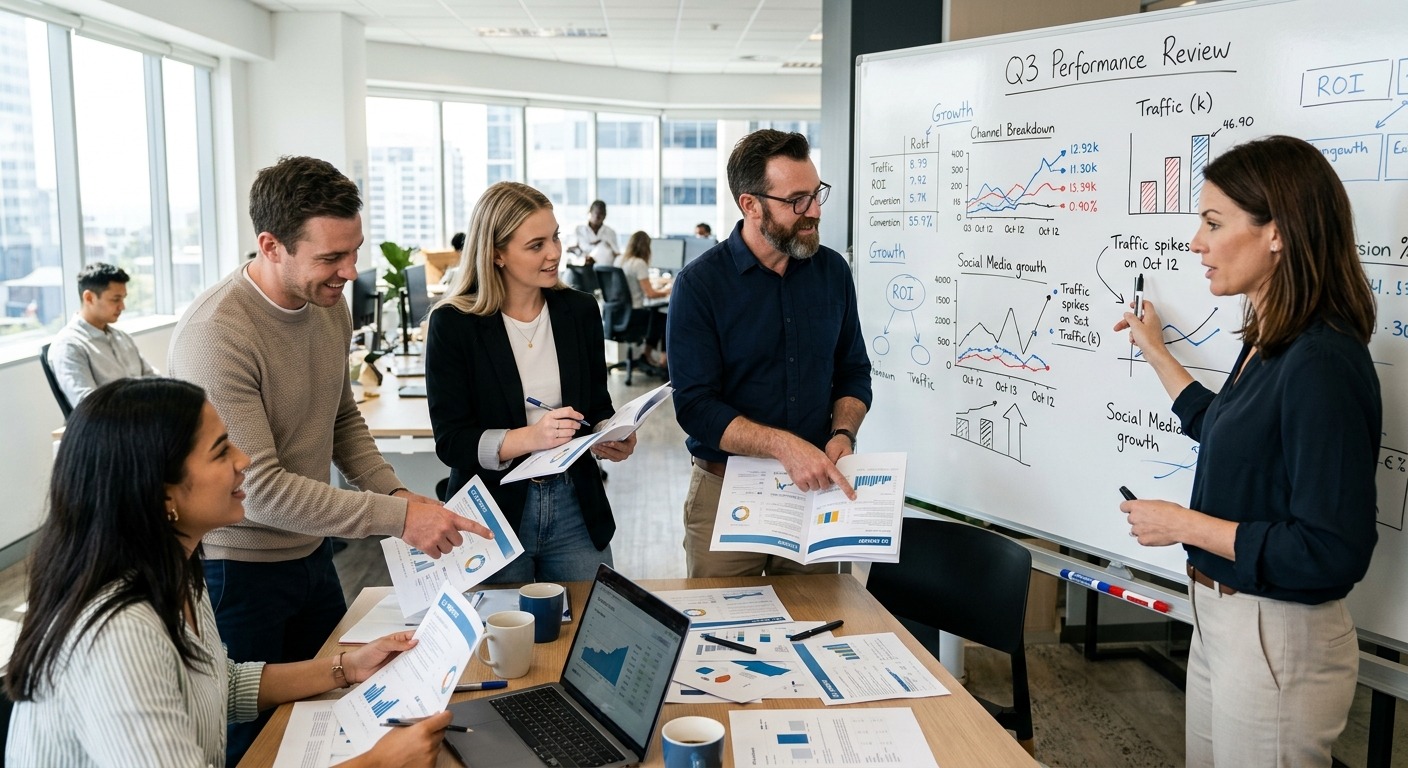 Equipe de marketing revisando relatórios impressos e apontando dados em quadro branco