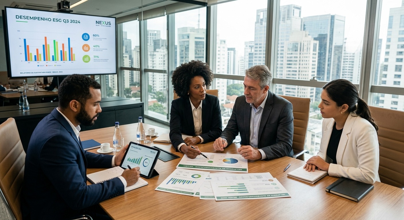 Executivos brasileiros analisando relatórios de sustentabilidade em sala de reunião moderna