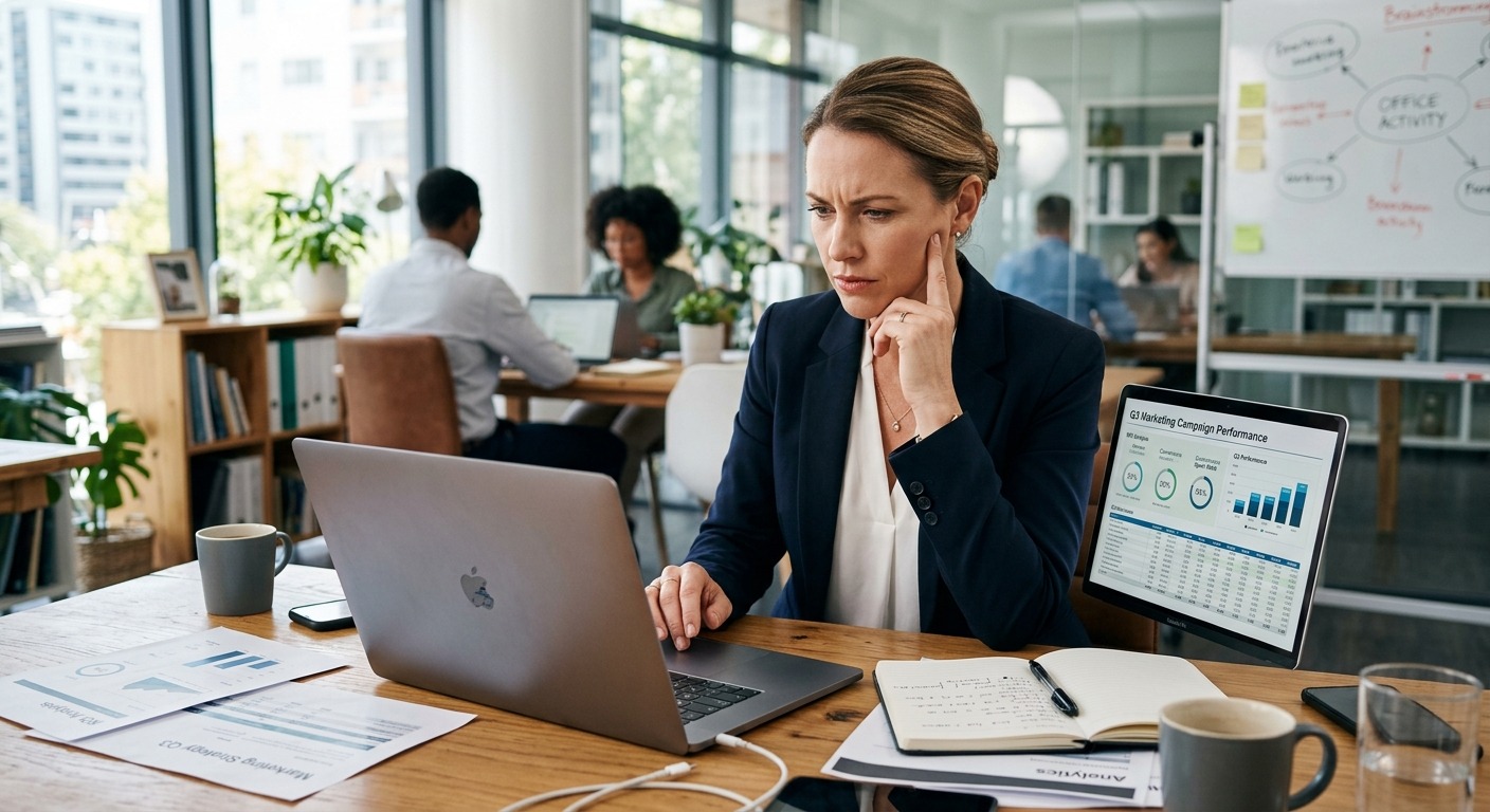 Empresário analisando relatórios de marketing no computador com expressão de ceticismo