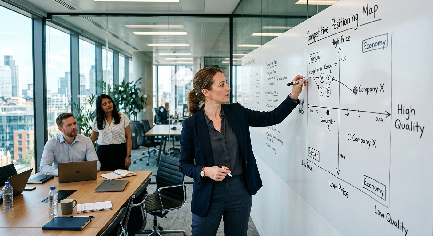 Estrategista de negócios desenhando mapa de posicionamento competitivo em quadro branco
