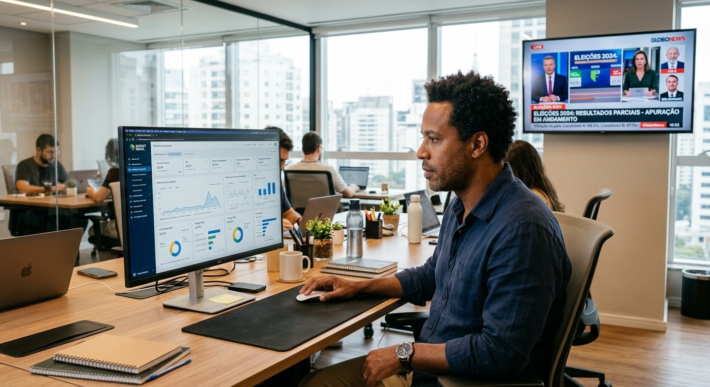 Empresário analisando painel de marketing com notícias eleitorais na televisão ao fundo