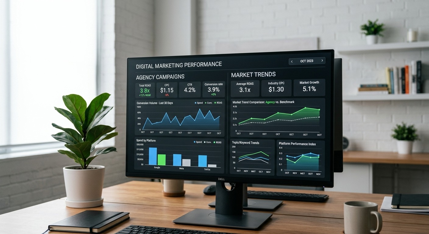 Dashboard digital exibindo métricas separadas de performance de agência e tendências de mercado