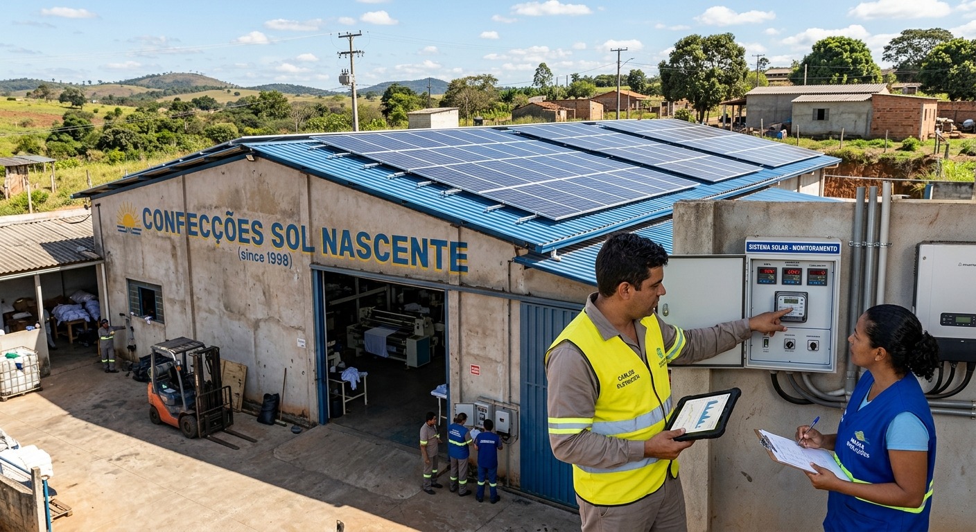 Fábrica brasileira de pequeno porte com painéis solares no telhado e operadores verificando medidores de energia