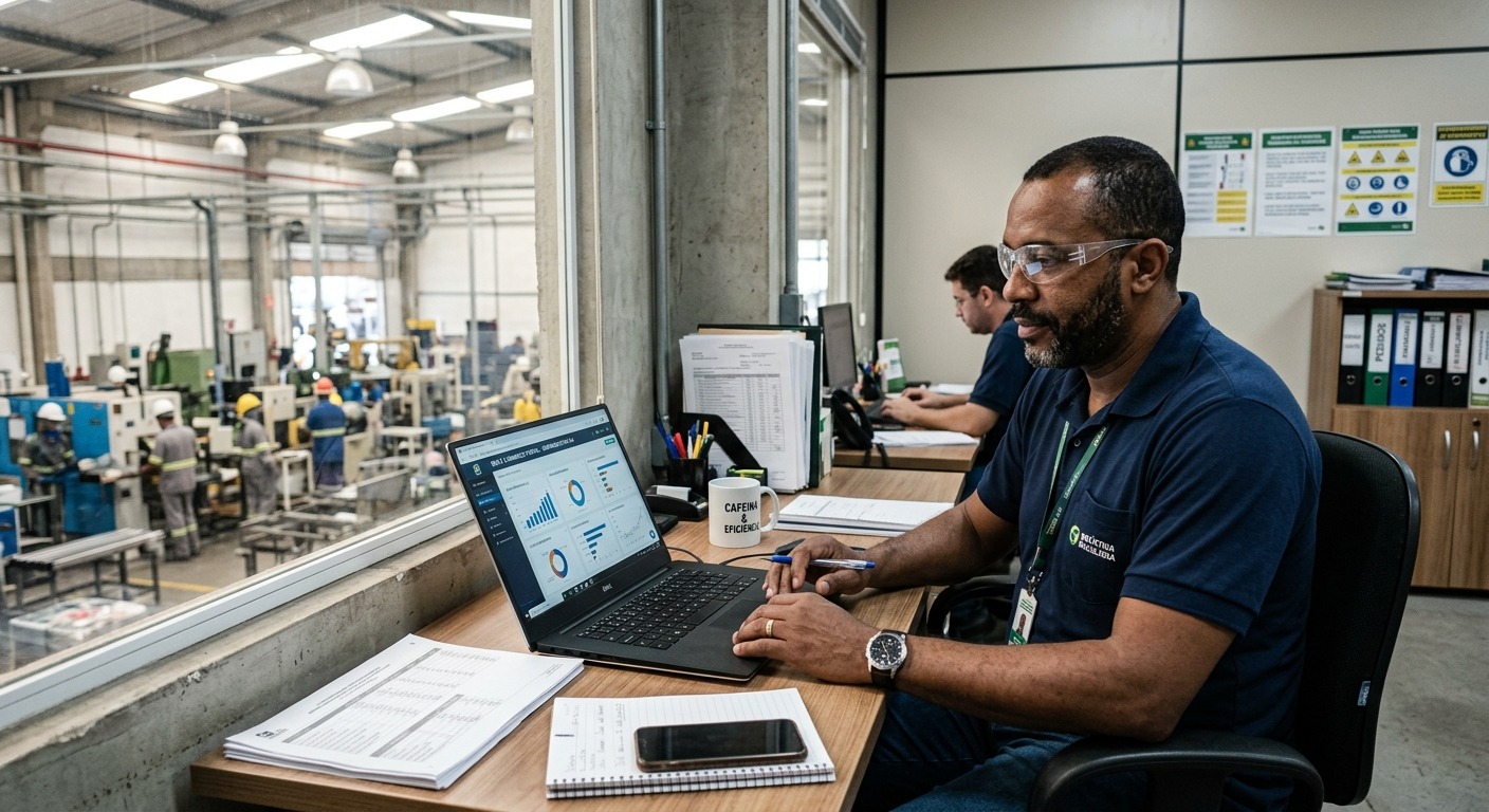 Gestor industrial brasileiro analisando painel de e-commerce B2B em laptop dentro de escritório de fábrica