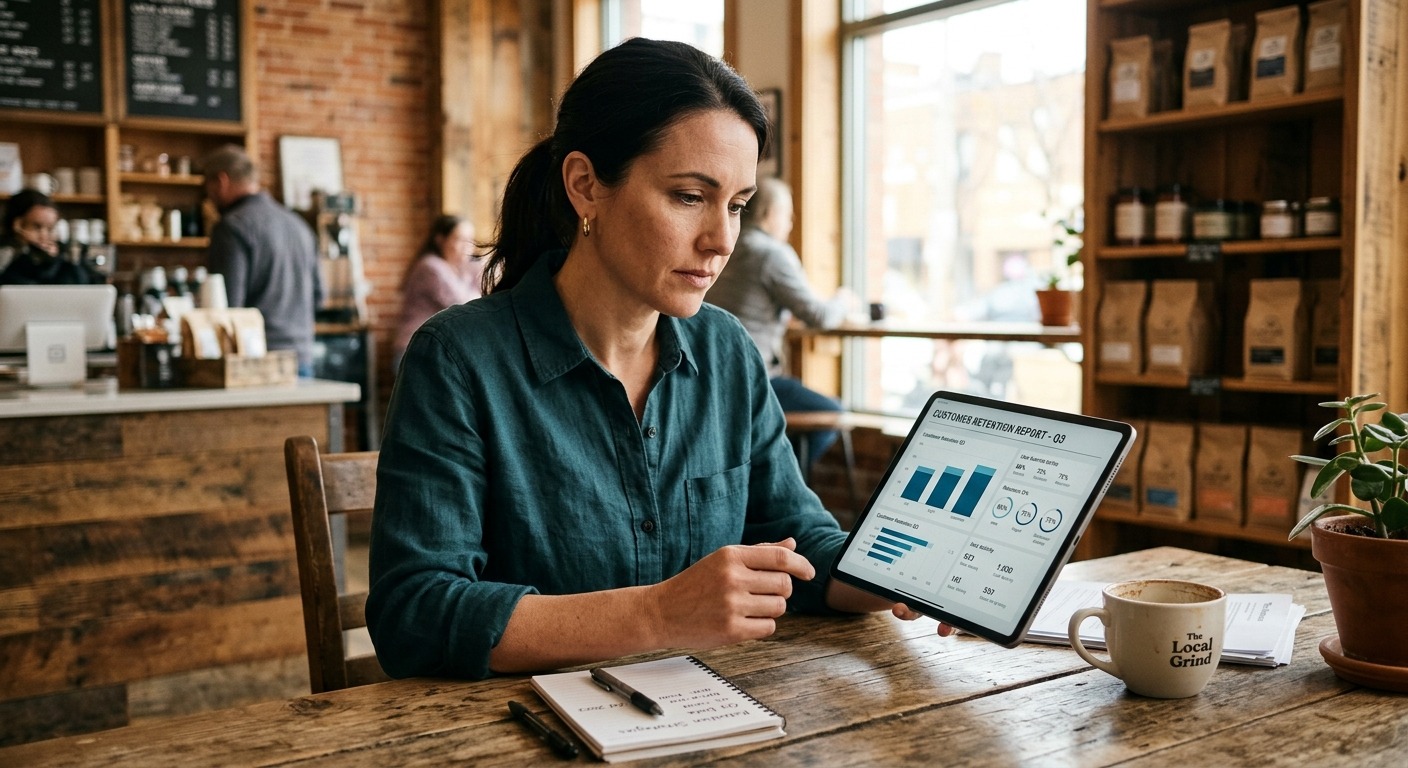Proprietário de negócio analisando relatório de retenção de clientes em tablet sobre mesa