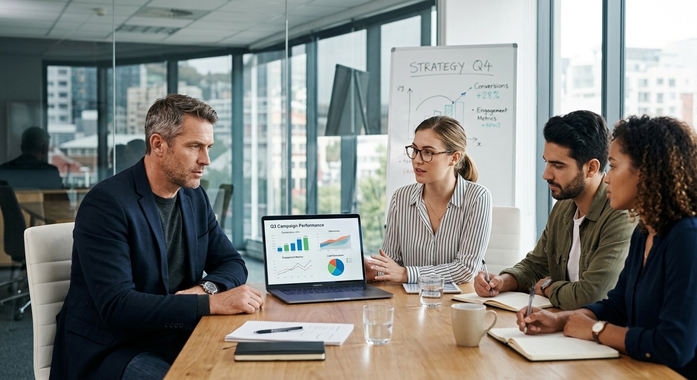 Empresário em reunião com equipe de agência analisando gráficos no notebook
