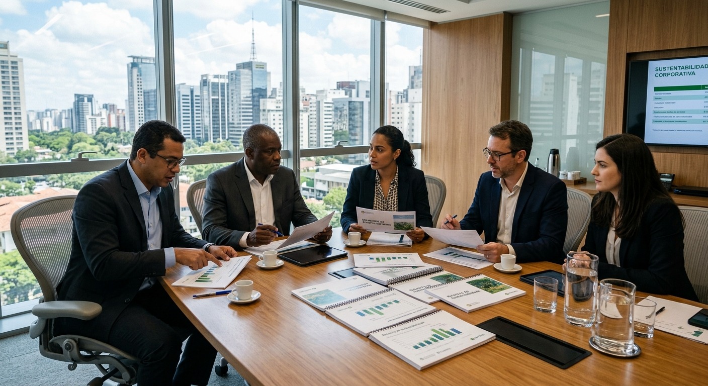 Executivos brasileiros analisando relatórios de sustentabilidade em sala de reunião corporativa moderna