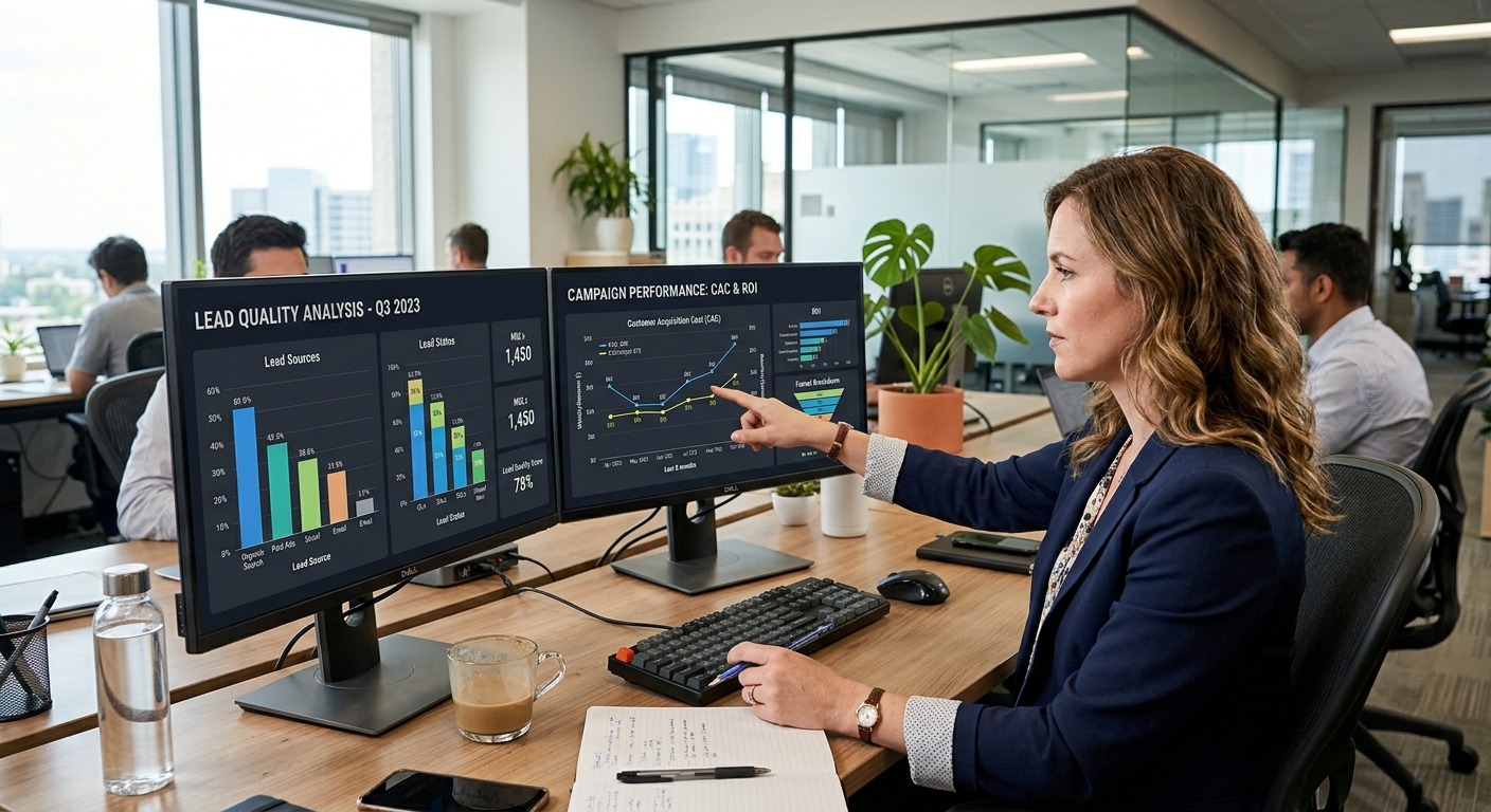 Gestor de marketing analisando gráficos de CAC e qualidade de lead em dois monitores