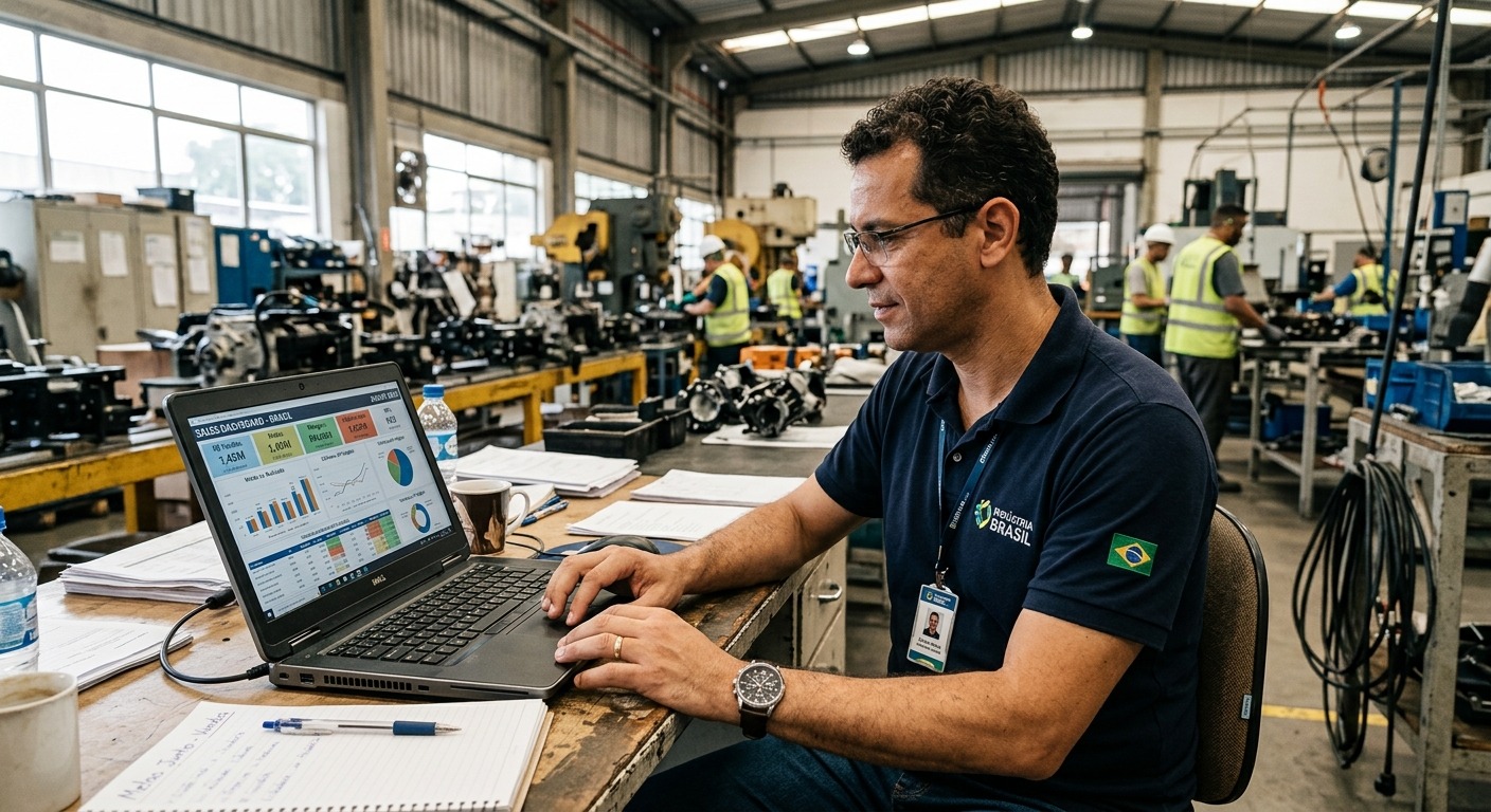 Gestor industrial analisando painel de vendas digitais em laptop dentro de fábrica