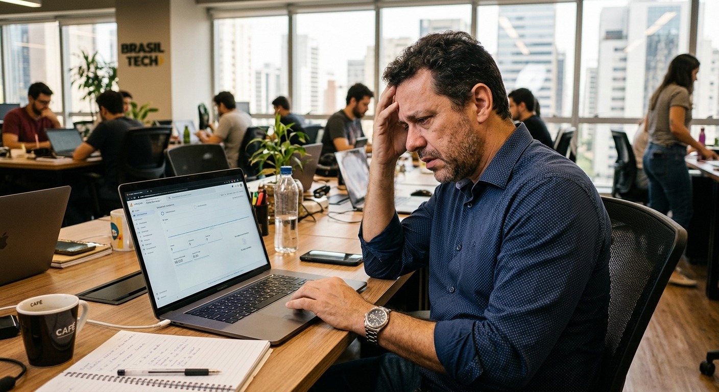 Empresário olhando para dashboard vazio no laptop em escritório com expressão preocupada