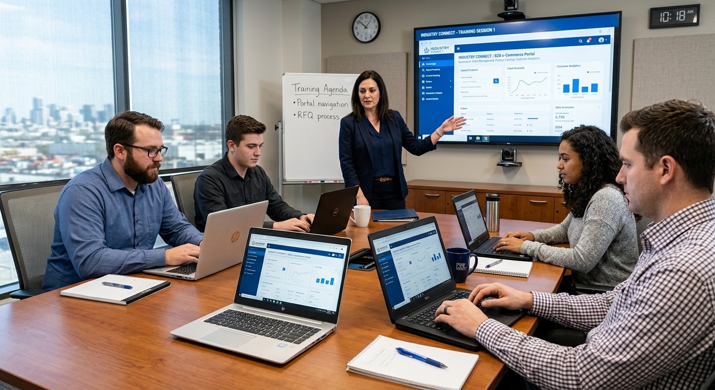 Equipe de vendas industriais treinando uso de portal B2B em sala de reunião com laptops abertos