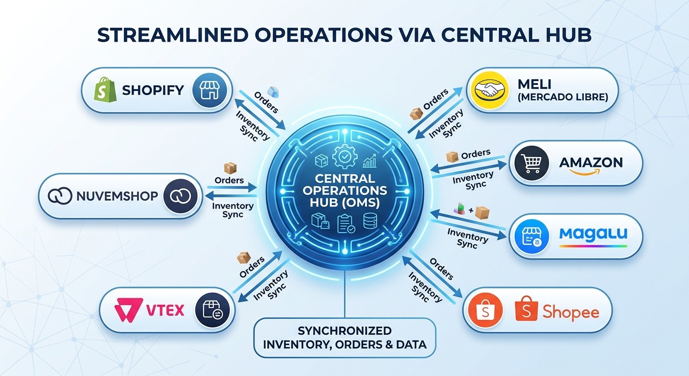 Diagrama de um sistema central conectado a canais de venda, ilustrando uma operação otimizada