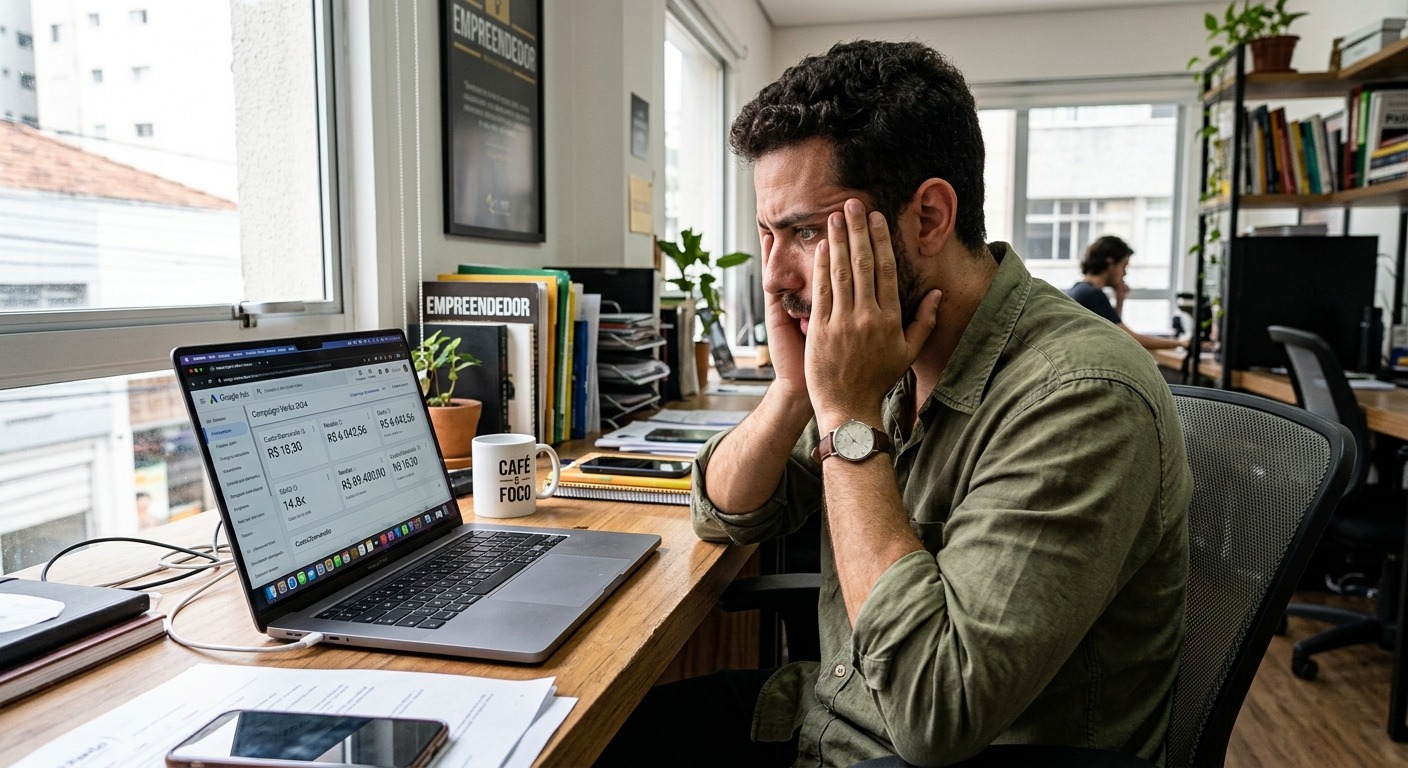 Empresário frustrado olhando métricas de ROAS alto no computador em escritório pequeno