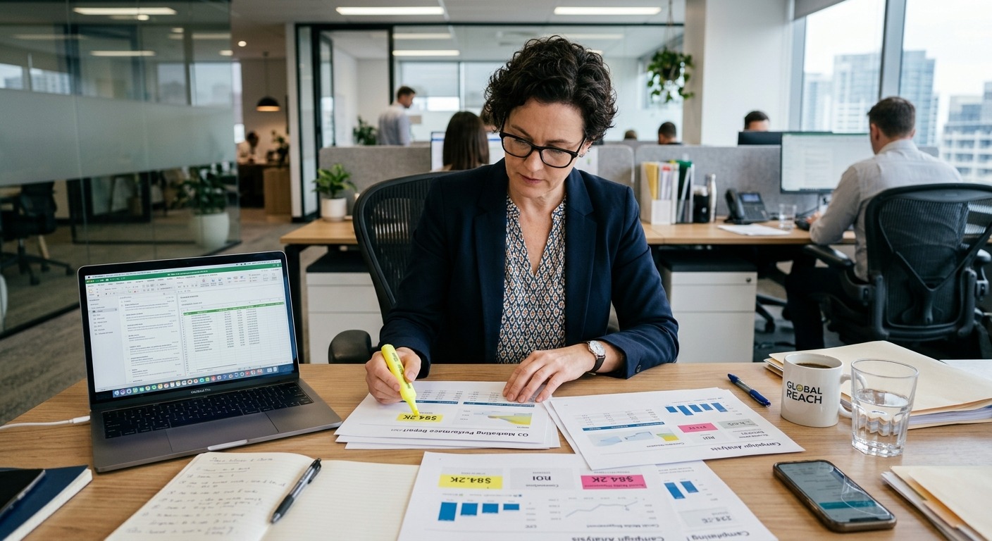 Empresário analisando relatórios de marketing impressos em mesa de escritório
