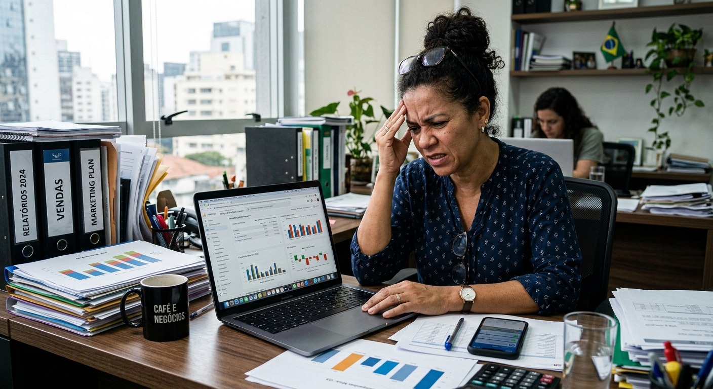 Empresário brasileiro frustrado revisando relatórios de marketing no computador em escritório