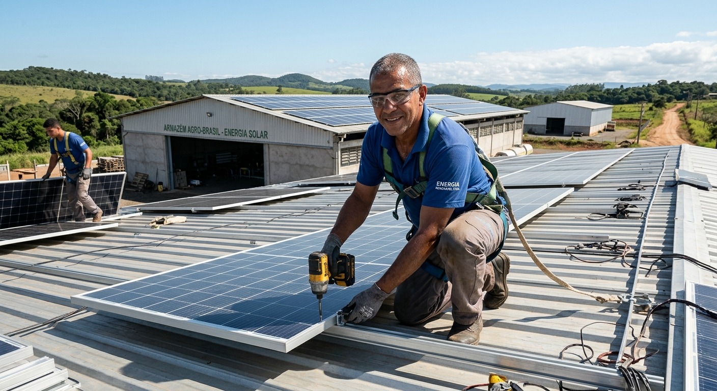 Empreendedor brasileiro instalando painéis solares no telhado de um galpão em dia ensolarado