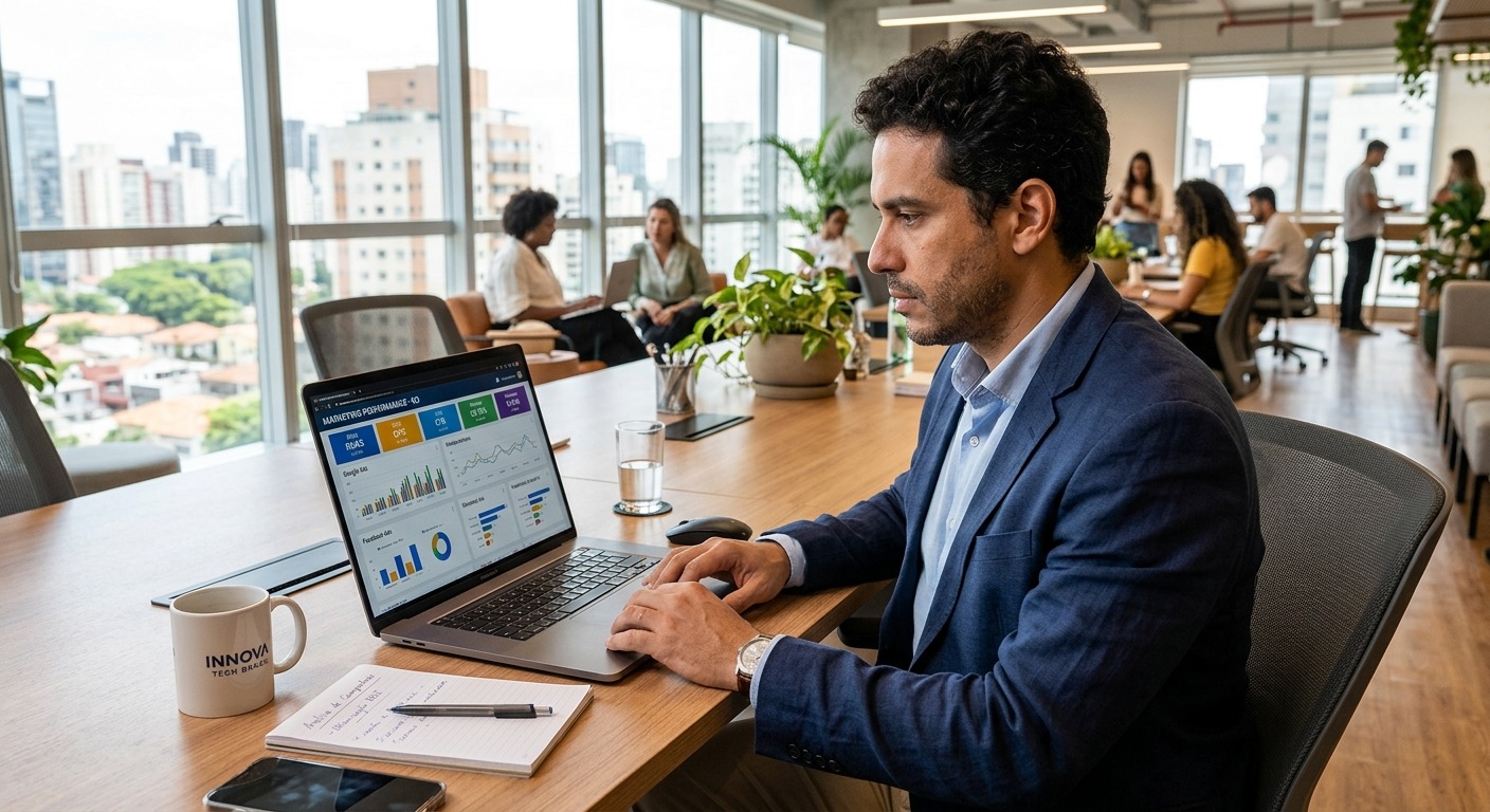 Empresário analisando dashboard de marketing no computador em escritório com luz natural