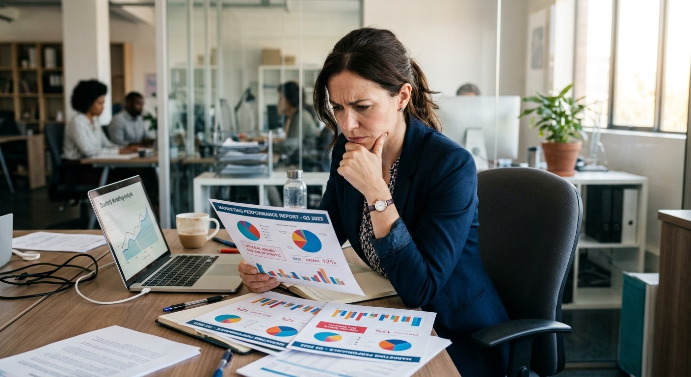 Empresário analisando relatórios de marketing coloridos com expressão preocupada em escritório