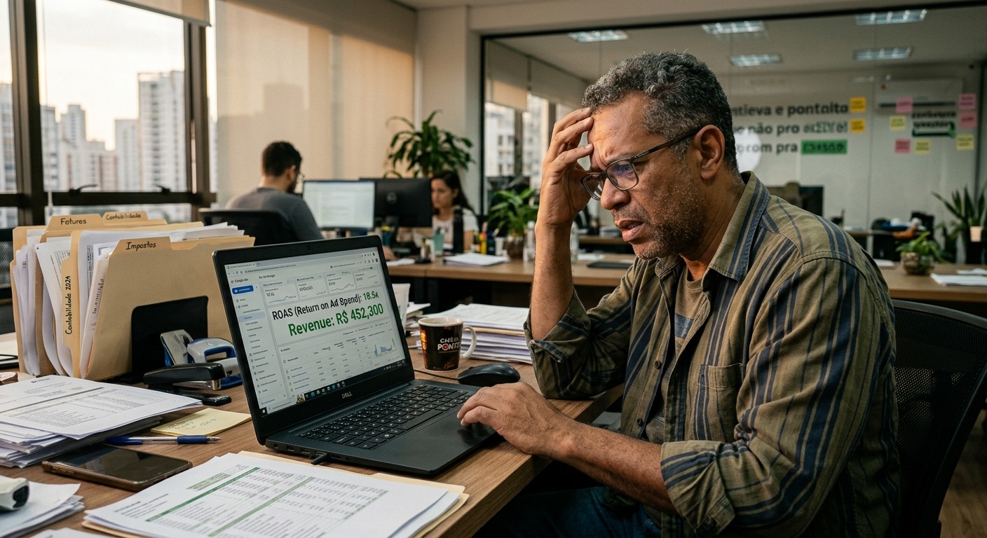 Empresário brasileiro analisando ROAS alto no laptop com documentos financeiros espalhados na mesa