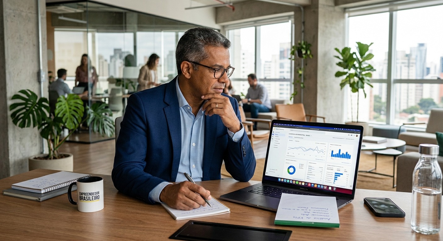 Empresário brasileiro analisando dados de campanha de marketing em laptop no escritório