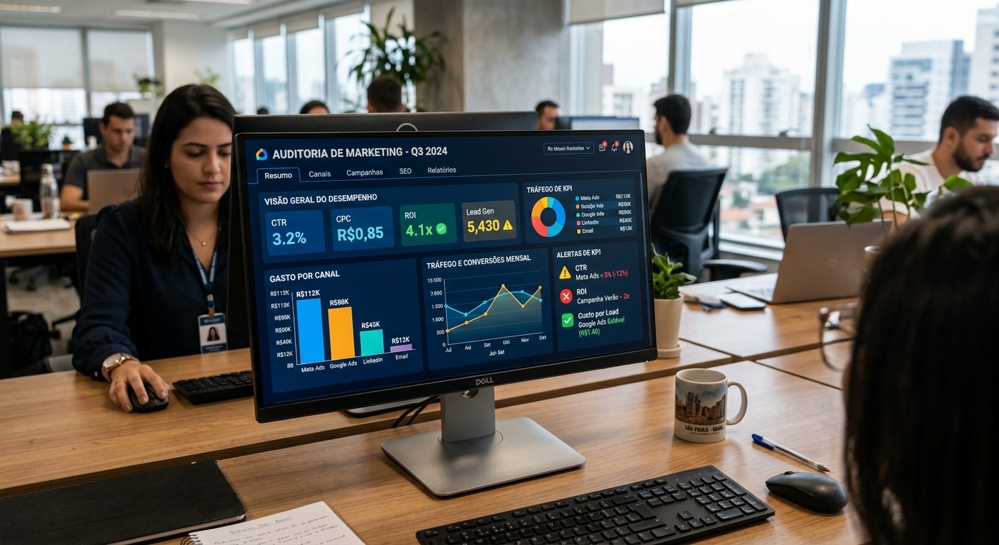 Tela de dashboard de auditoria de marketing com gráficos e alertas de KPI em empresa brasileira