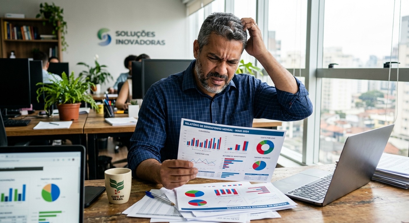 Empresário brasileiro olhando relatório de marketing com gráficos coloridos e expressão confusa