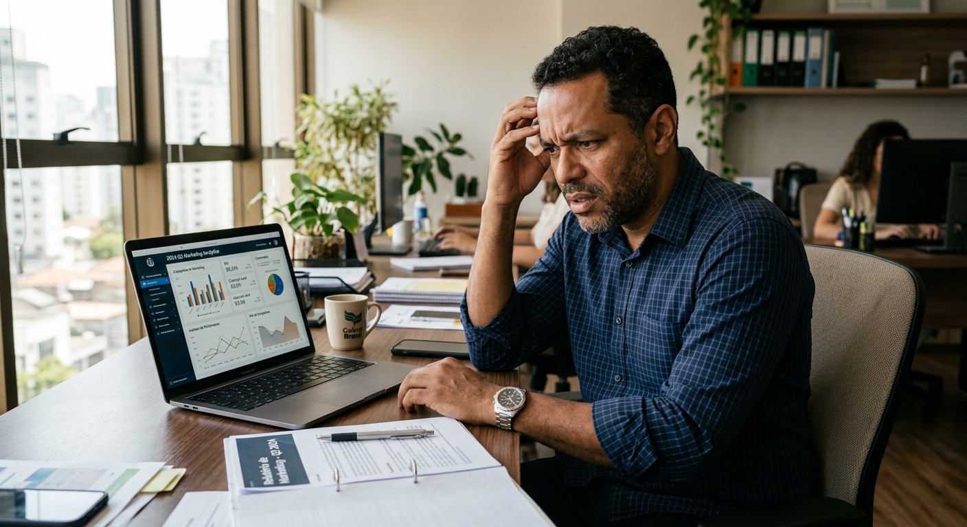 Empresário brasileiro revisando relatório de marketing no laptop com expressão de dúvida