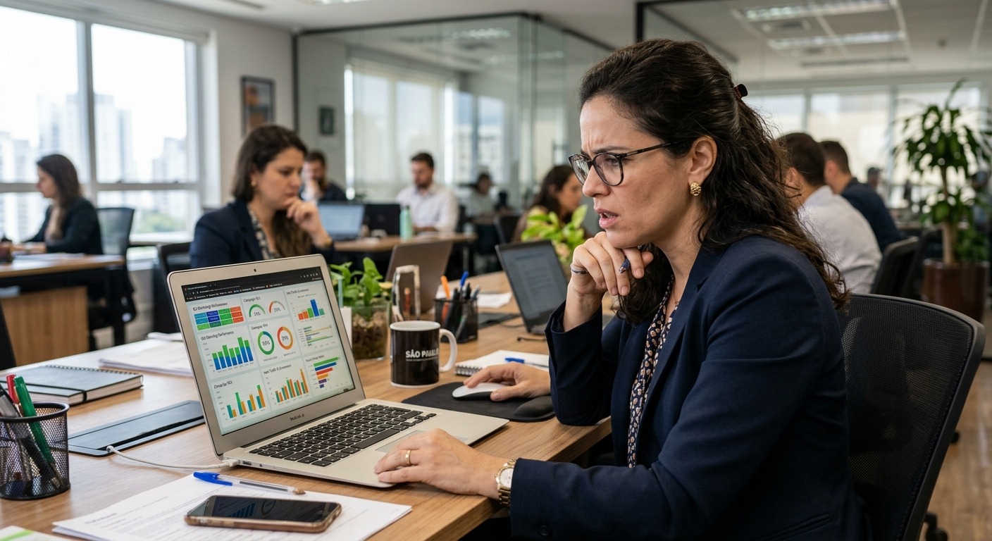 Gestor brasileiro olhando relatório de marketing no laptop com expressão confusa em escritório