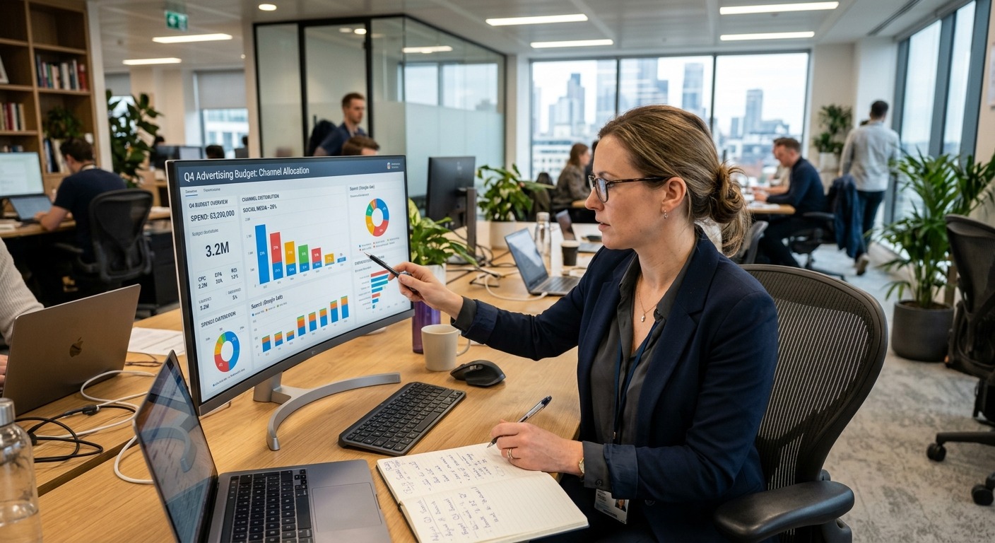 Gestor de marketing analisando distribuição de verba entre canais em painel digital