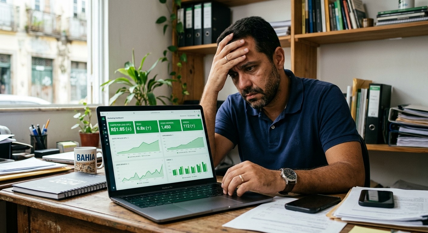 Empresário olhando painel de marketing com métricas positivas e expressão de frustração