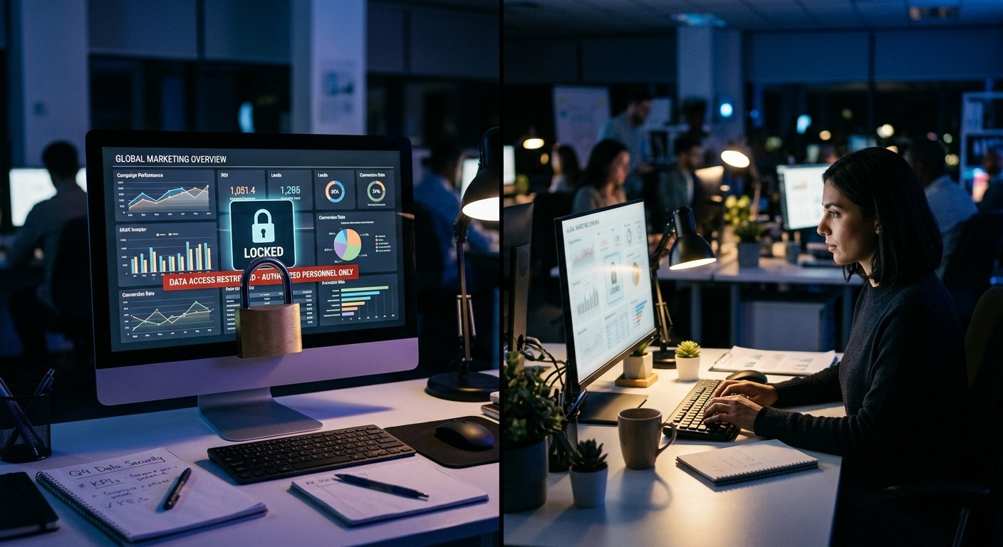 Cadeado sobre painel de dados de marketing em tela de computador com iluminação azul