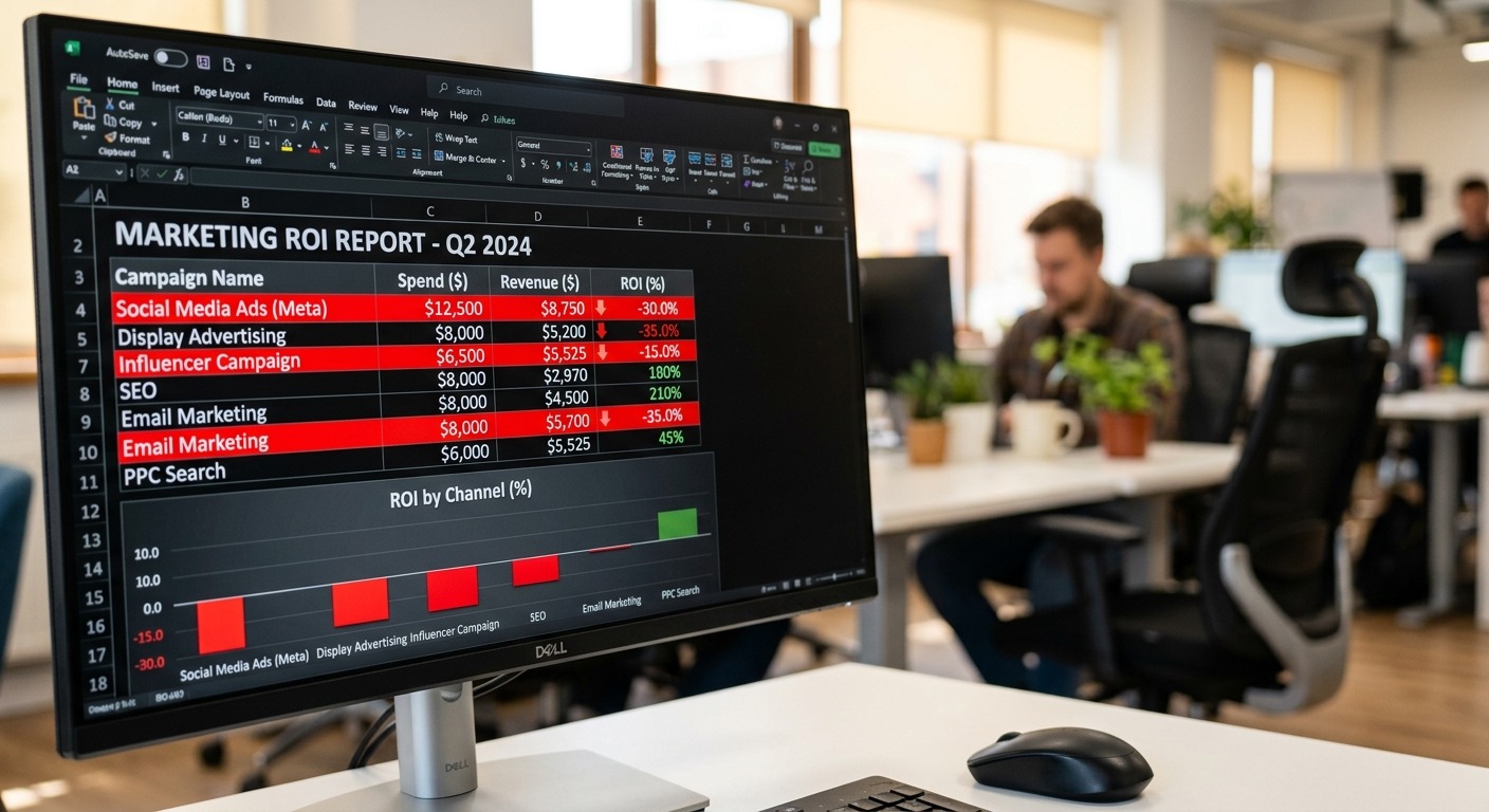 Relatório de ROI de marketing com números negativos destacados na tela do computador
