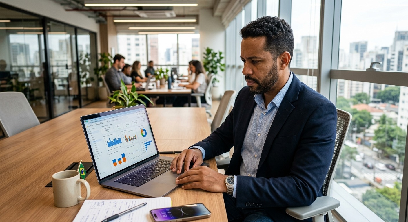 Gestor analisando indicadores de marketing em laptop em escritório moderno
