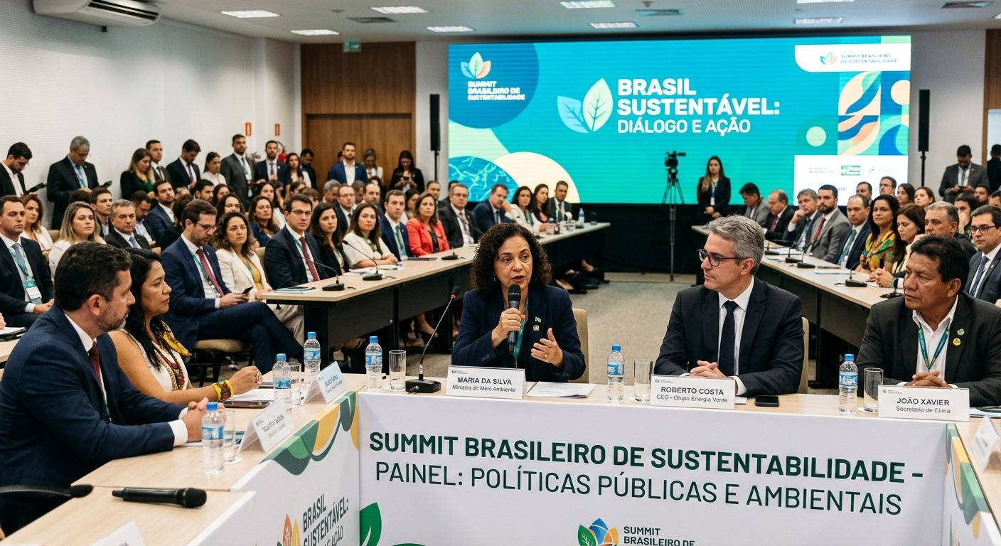 Líderes corporativos e representantes do governo discutindo política ambiental em evento de sustentabilidade