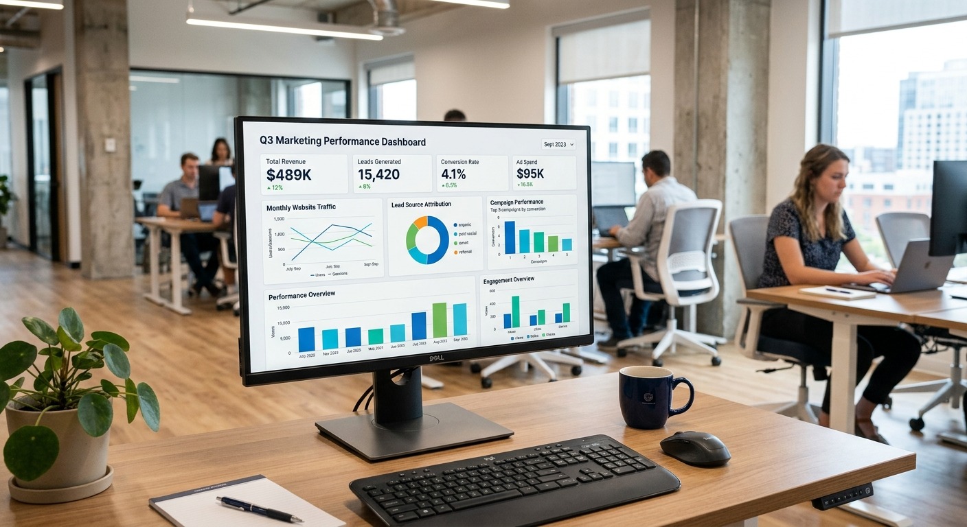 Dashboard de métricas de marketing exibido em tela de computador em escritório moderno