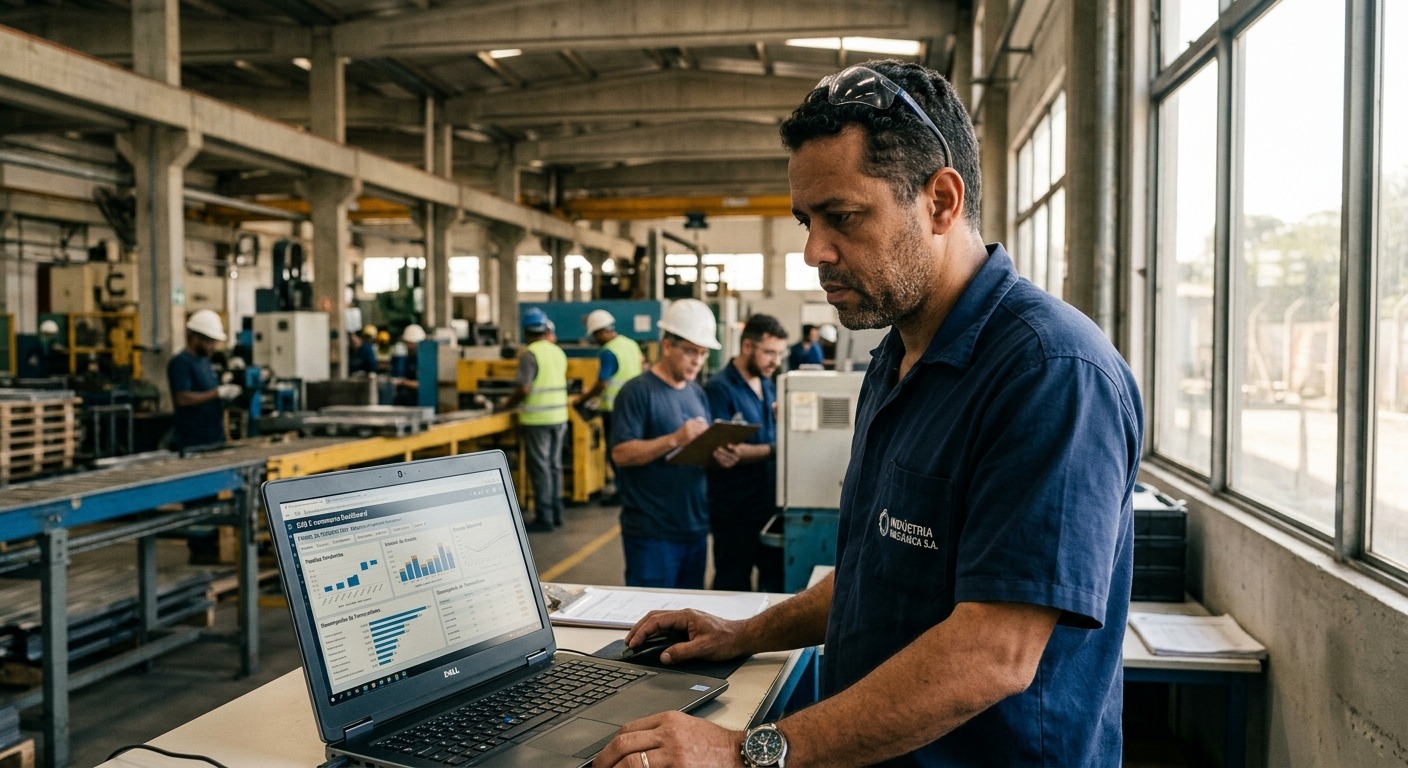Gestor industrial brasileiro analisando painel de e-commerce B2B em laptop dentro de fábrica