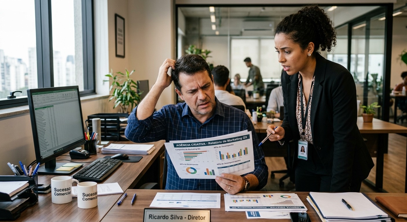 Empresário analisando relatório de marketing entregue por representante de agência em escritório