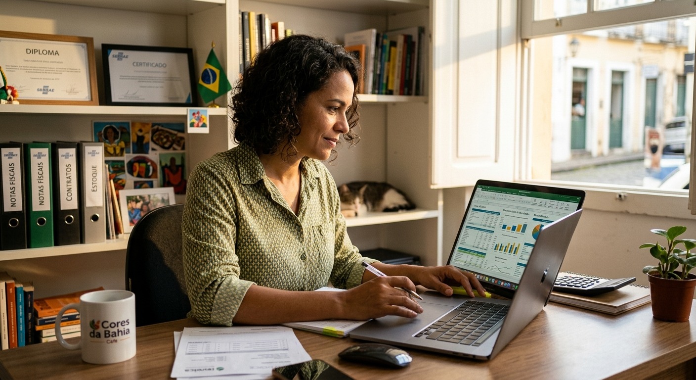 Empreendedor brasileiro focado analisando planilhas financeiras em um notebook em seu escritório organizado