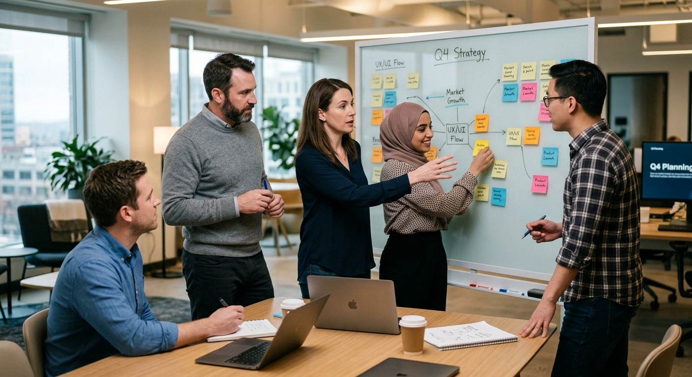Equipe de negócios discutindo estratégia em sala de reunião com post-its no quadro