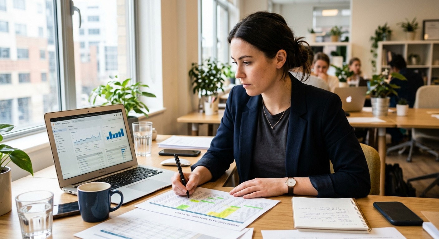 Empreendedor analisando planilhas e dados de marketing em mesa de escritório iluminada