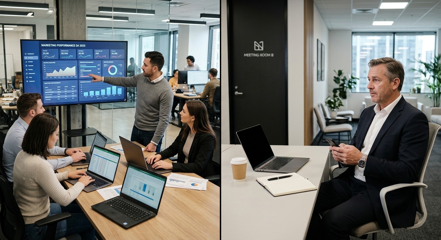Equipe de agência revisando dados enquanto empresário aguarda relatório do outro lado