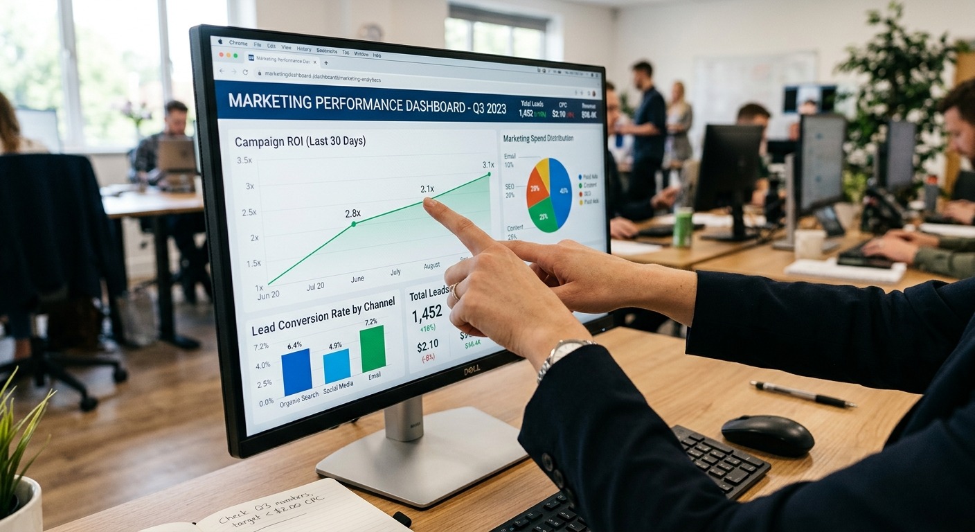Analista apontando para gráficos de métricas de marketing em tela de computador