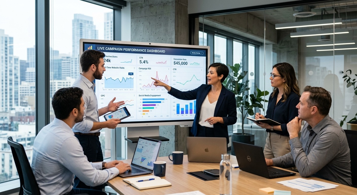 Equipe de marketing discutindo dados ao vivo em monitor grande em sala de reunião moderna
