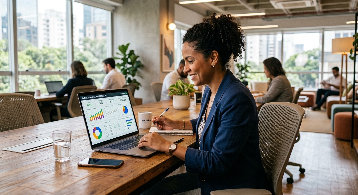Empresário brasileiro revisando dashboards de marketing de forma independente em home office moderno