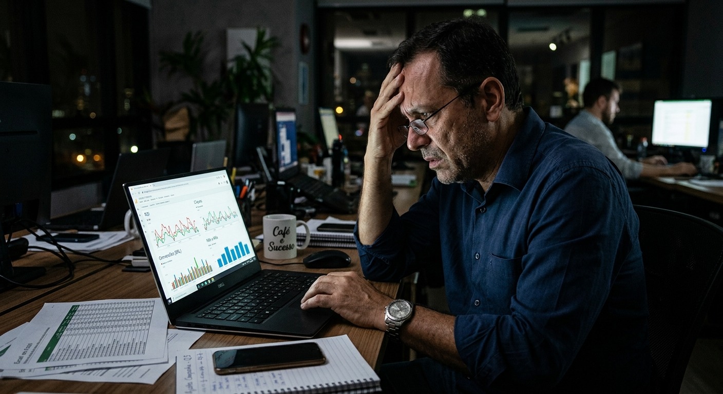 Empresário brasileiro olhando gráficos de marketing oscilantes no laptop em escritório