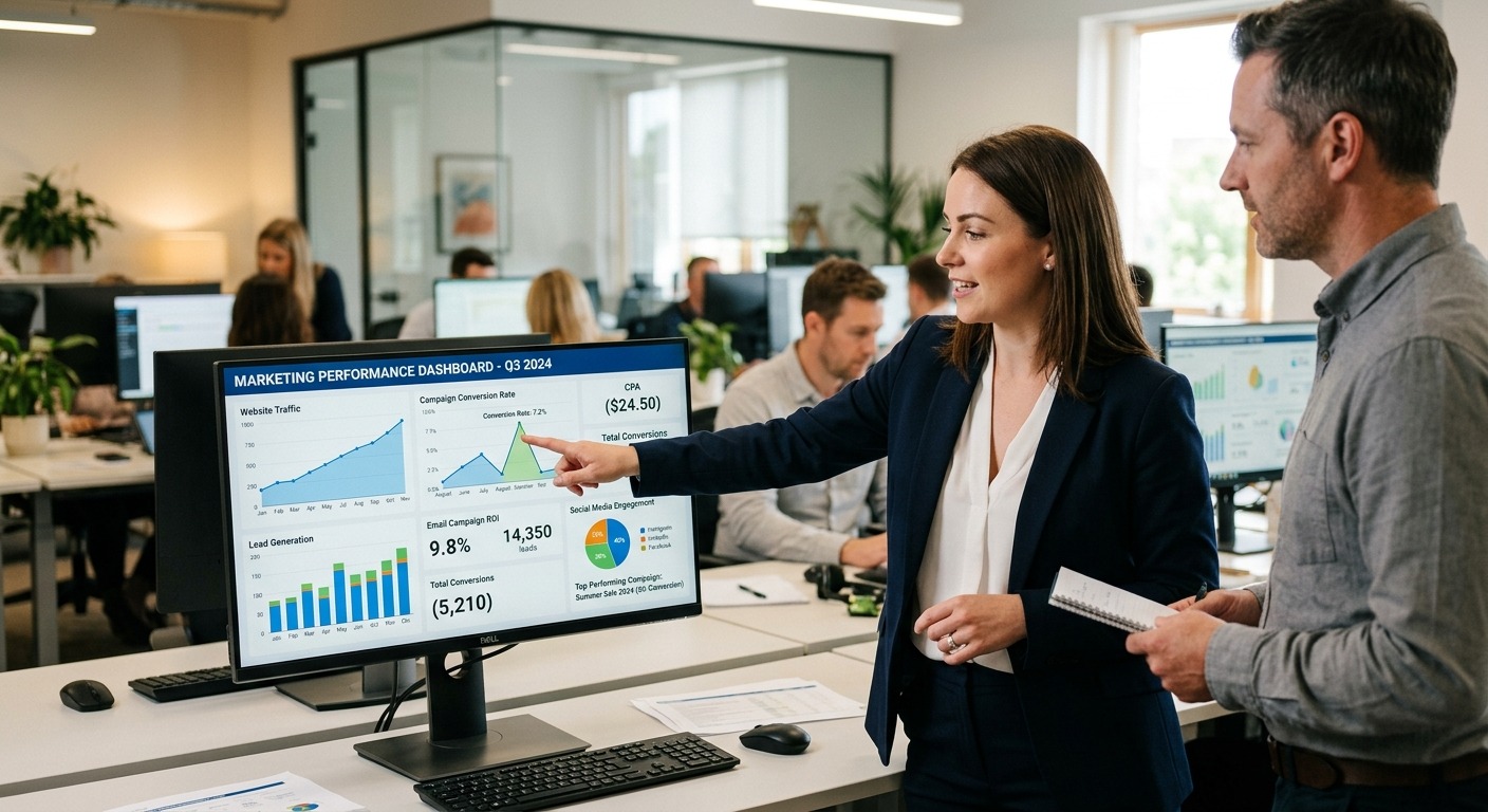 Dashboard de marketing aberto em monitor com gráficos de métricas de campanha sendo analisados