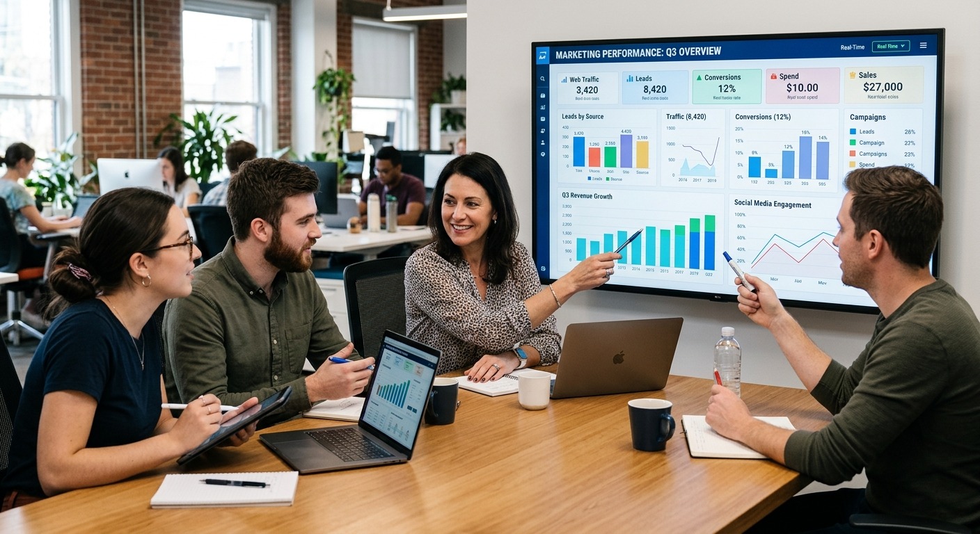 Empresário e equipe de marketing analisando painel compartilhado em monitor grande